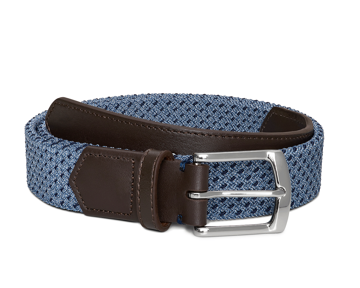 The Fischer Belt: Slate & Navy Basketweave features a blue braided strap, dark brown leather trim, and a shiny silver-tone metal buckle.