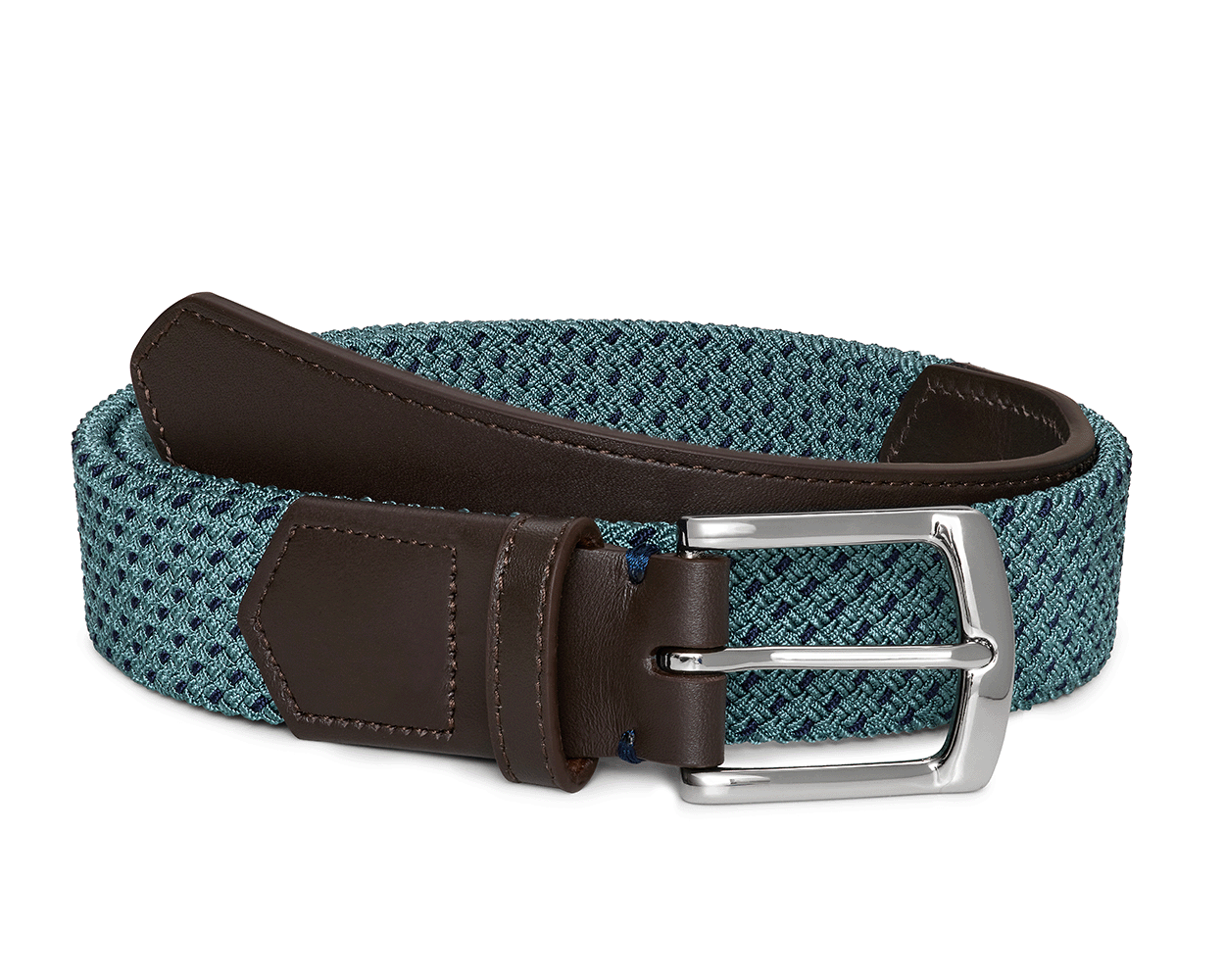 The Fischer Belt: Dark Harbor & Navy Basketweave features a teal braided design with dark brown leather trim and a polished silver-tone buckle.