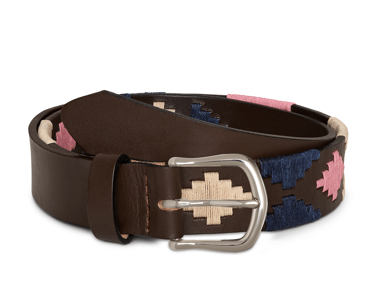 The Barker Belt: Brown leather with silver buckle, featuring stitched geometric motifs in cream, navy, and pink, showcasing Argentinean-inspired craftsmanship.