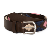 The Barker Belt: Brown leather with silver buckle, featuring stitched geometric motifs in cream, navy, and pink, showcasing Argentinean-inspired craftsmanship.