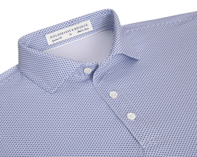 The Armfield Shirt: Andover, a men’s polo with a spread collar, three-button placket, and a subtle geometric pattern, labeled “HOLDERNESS & BOURNE.”