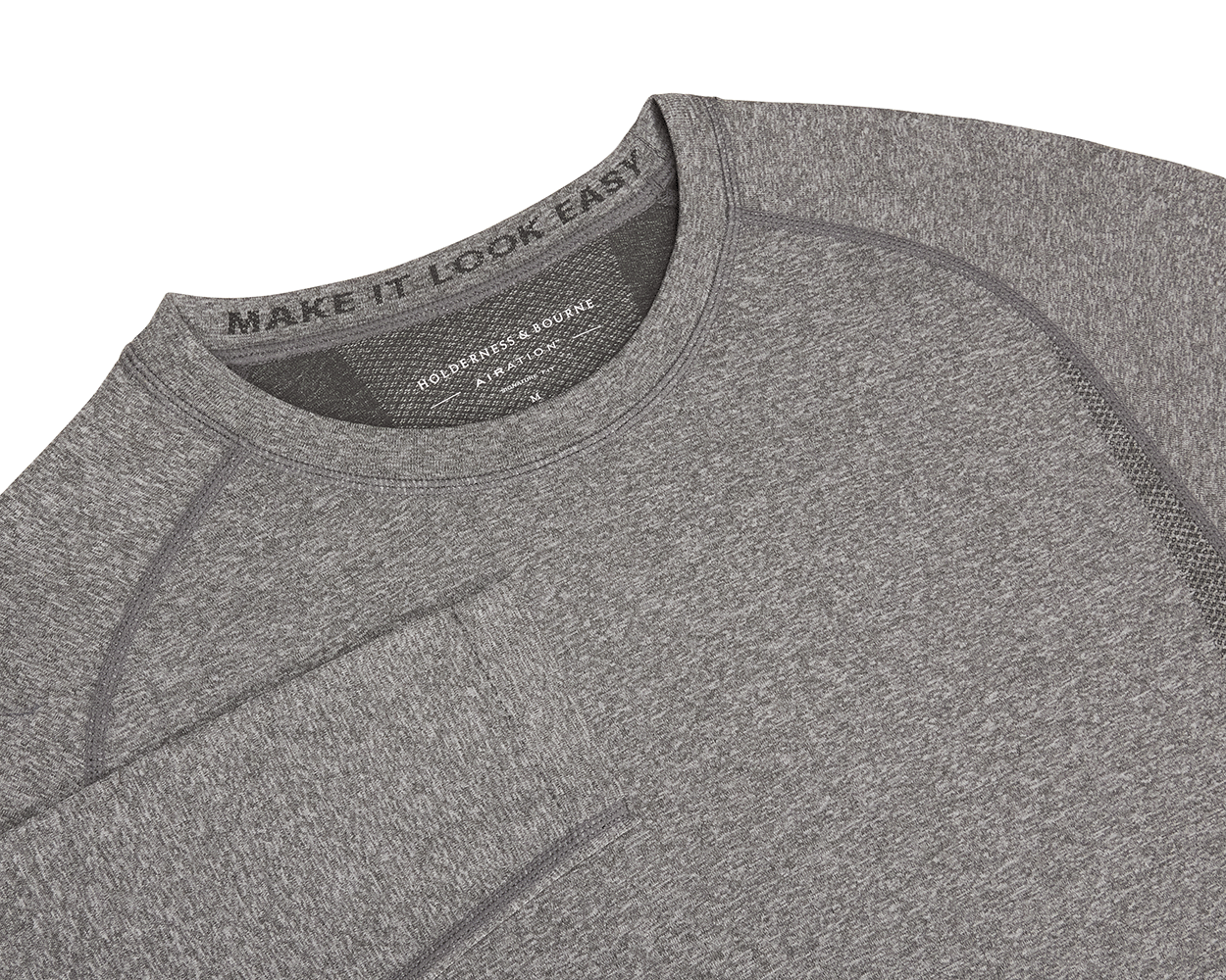 The Carr T-Shirt: Heathered Gray with MAKE IT LOOK EASY slogan, breathable mesh panels, and seamless knit for comfort and performance.