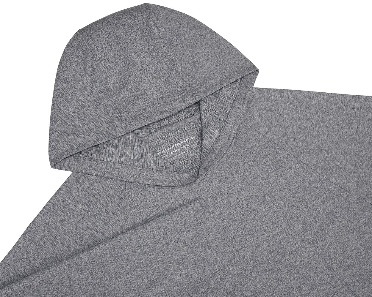The Dunbar Hoodie: Heathered Charcoal features a three-panel hood, raglan sleeves, and partial kangaroo pocket, showcasing breathable AIRATION® technology for active comfort.