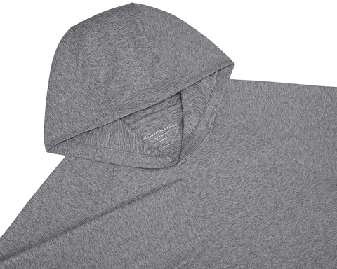 The Dunbar Hoodie: Heathered Charcoal features a three-panel hood, raglan sleeves, and partial kangaroo pocket, showcasing breathable AIRATION® technology for active comfort.