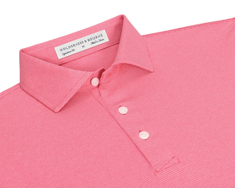 Close-up of The Holland Shirt: Heathered Belmont, showcasing ribbed fabric with fine pin-stripes, structured collar, three-button placket, and Holderness & Bourne label.