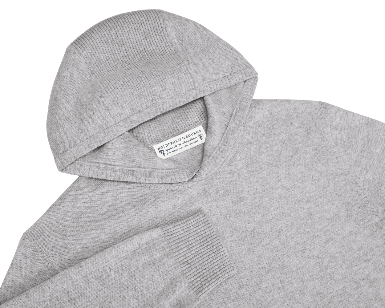 The Logan Hoodie Sweater: Heathered Gray, featuring ribbed detailing on hood and cuffs, crafted from soft Merino wool and cashmere, laid flat with visible label.