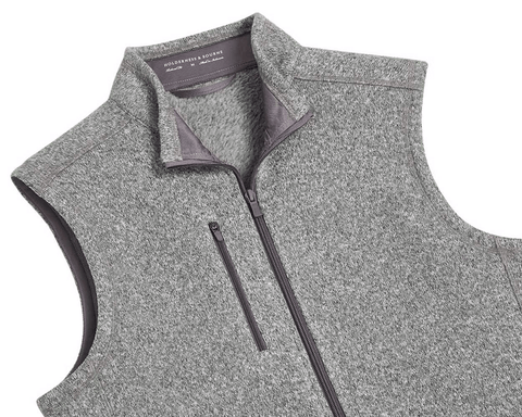 The Ashby Vest: Heathered Gray men's sleeveless zip-up with stand-up collar, zippered chest pocket, and tonal accents. Features a buttery soft interior and H&B embroidery.