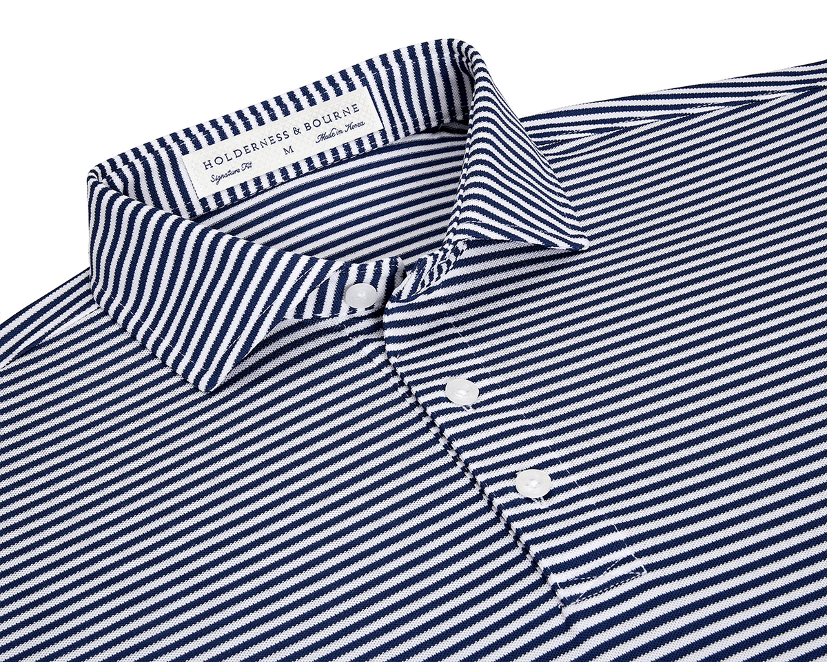The Maxwell Shirt: Navy & White, showcasing a striped design with a structured collar, three-button placket, and Holderness & Bourne label for a modern, comfortable fit.