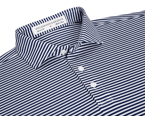The Maxwell Shirt: Navy & White, showcasing a striped design with a structured collar, three-button placket, and Holderness & Bourne label for a modern, comfortable fit.