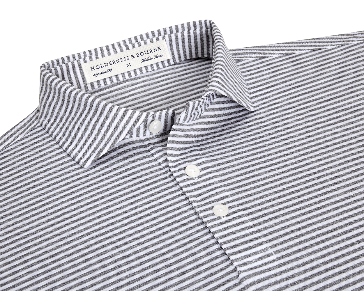 The Maxwell Shirt: Gray & White, a men's striped polo, features a spread collar, three-button placket, and moisture-wicking, UPF 30+ performance pique fabric.