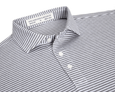 The Maxwell Shirt: Gray & White, a men's striped polo, features a spread collar, three-button placket, and moisture-wicking, UPF 30+ performance pique fabric.