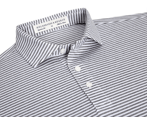 The Maxwell Shirt: Gray & White, a men's striped polo, features a spread collar, three-button placket, and moisture-wicking, UPF 30+ performance pique fabric.