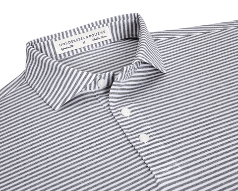 The Maxwell Shirt: Gray & White, a men's striped polo, features a spread collar, three-button placket, and moisture-wicking, UPF 30+ performance pique fabric.