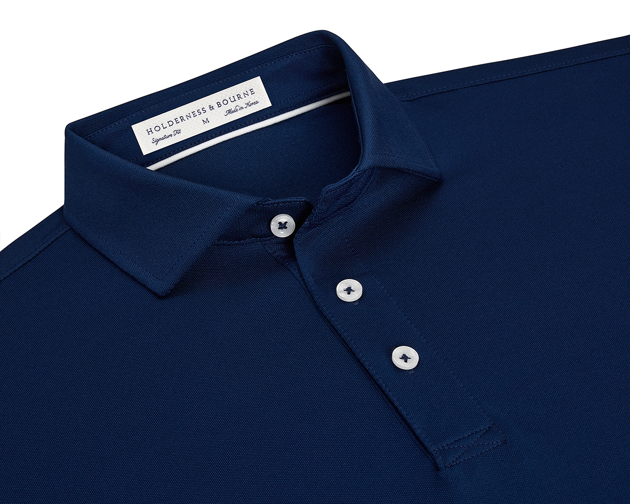 The Macdonald Shirt: Navy, featuring a classic point collar, three-button placket, and contrast collar band piping, offering breathable comfort with a structured spread collar.