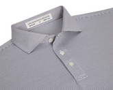 The Perkins Shirt: Gray & White, features a finely striped polo design with a structured collar, three-button placket, and performance fabric for comfort and protection.