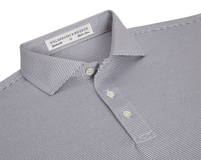 The Perkins Shirt: Gray & White, features a finely striped polo design with a structured collar, three-button placket, and performance fabric for comfort and protection.