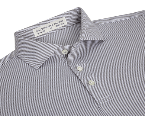 The Perkins Shirt: Gray & White, features a finely striped polo design with a structured collar, three-button placket, and performance fabric for comfort and protection.