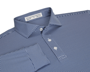 The Burke Shirt: Navy & White, folded long-sleeve polo with fine stripes, features a button-down placket, structured collar, and Holderness & Bourne tag.