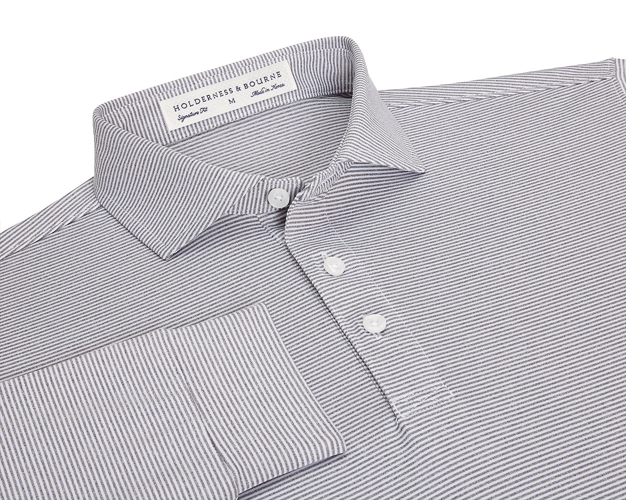 The Burke Shirt: Gray & White, featuring narrow stripes, a structured spread collar, three-button placket, cuffed sleeve, and Holderness & Bourne label, offers UPF 50+ protection.