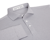 The Burke Shirt: Gray & White, featuring narrow stripes, a structured spread collar, three-button placket, cuffed sleeve, and Holderness & Bourne label, offers UPF 50+ protection.