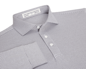 The Burke Shirt: Gray & White, featuring narrow stripes, a structured spread collar, three-button placket, cuffed sleeve, and Holderness & Bourne label, offers UPF 50+ protection.