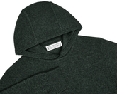 The Logan Hoodie Sweater: Heathered Ivy, in dark green, knit with Merino wool-cashmere blend, features ribbed detailing and a woven Holderness & Bourne label at the neckline.
