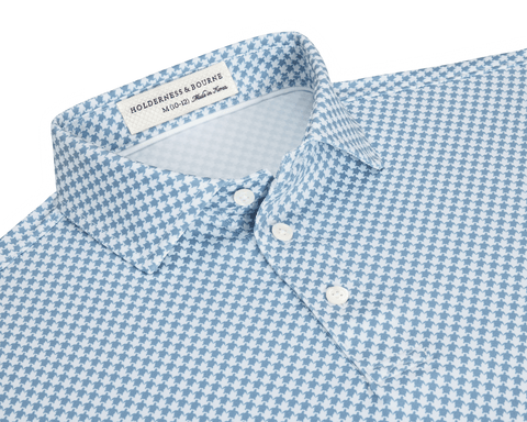 The Kitts Boys Shirt: Bedford features a light-blue-and-white houndstooth pattern with a structured collar, white buttons, and a turtle print for added playfulness.