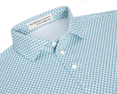 The Kitts Boys Shirt: Harbor, featuring a blue-green and white houndstooth pattern, point collar, three-button placket, and Holderness & Bourne label.