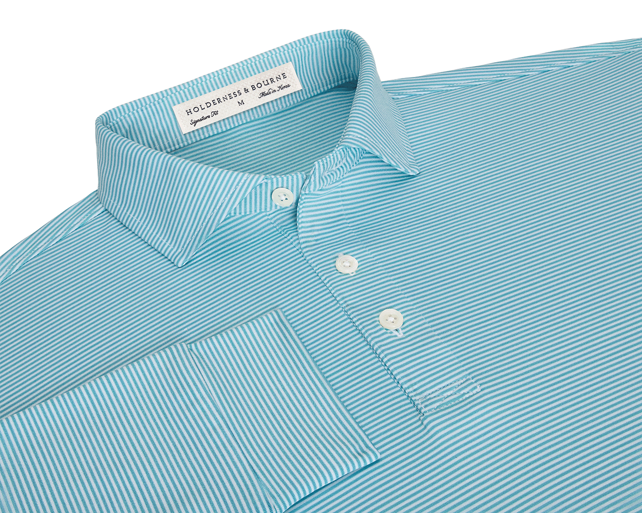 The Burke Shirt: Harbor & White, a long-sleeved, collared shirt with fine pin-stripes, featuring a three-button placket and UPF 50+ protection for sunny days.