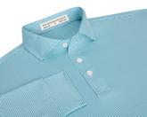 The Burke Shirt: Harbor & White, a long-sleeved, collared shirt with fine pin-stripes, featuring a three-button placket and UPF 50+ protection for sunny days.