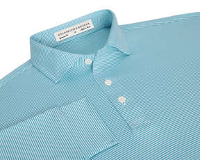 The Burke Shirt: Harbor & White, a long-sleeved, collared shirt with fine pin-stripes, featuring a three-button placket and UPF 50+ protection for sunny days.