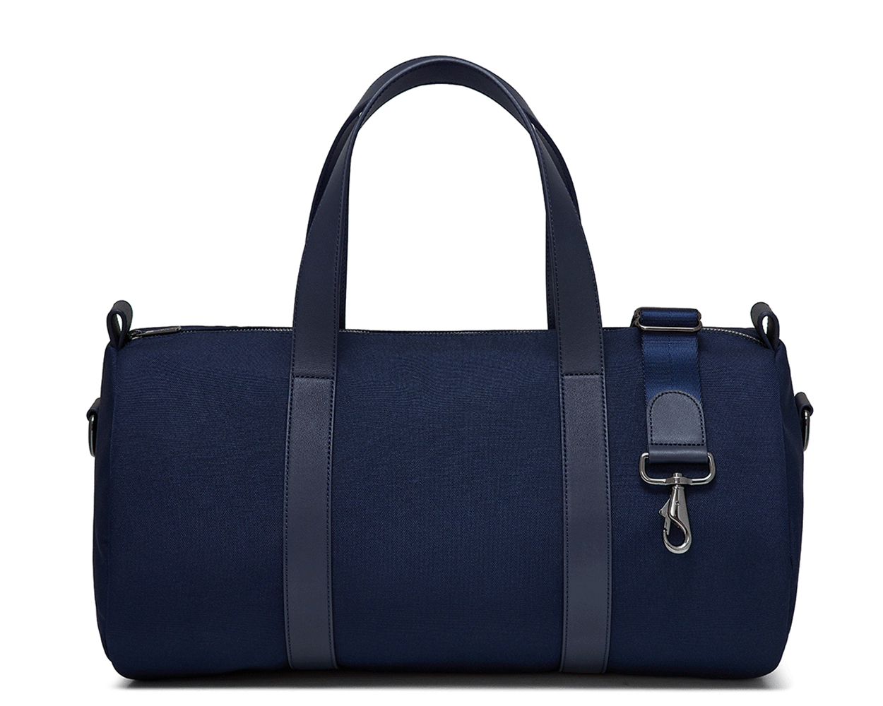 The Marston Banker Bag: Navy Ballistic, featuring top carry handles, adjustable shoulder strap, Napa leather trim, oxford stripe lining, and gunmetal hardware. Ideal for gym or travel.