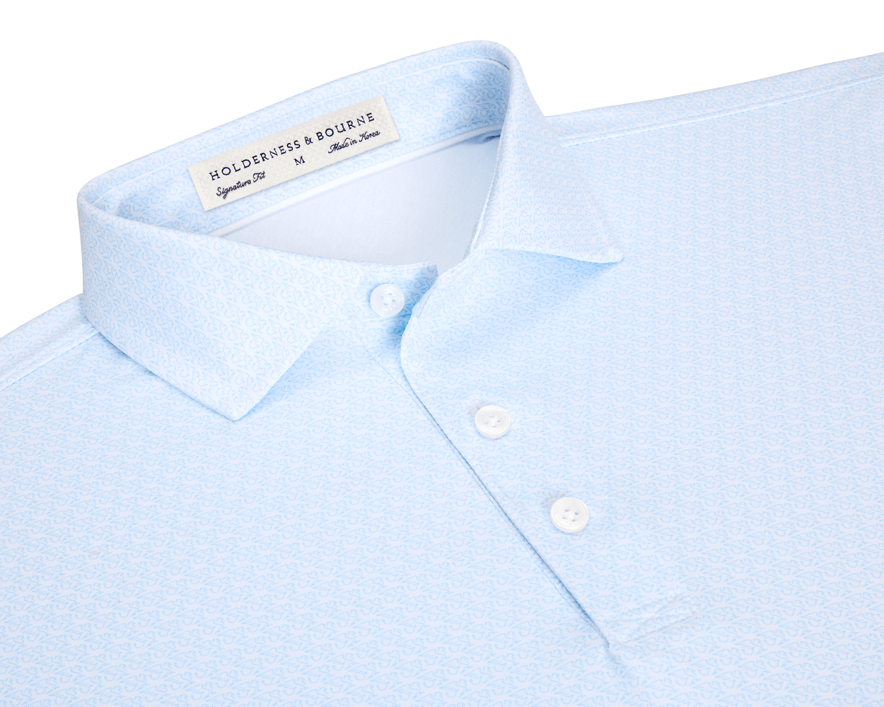 The Griffin Shirt: Vista Blue, featuring a light-blue geometric print, structured collar, and three-button placket, designed for comfort and versatility with performance fabric.