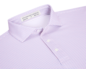 The Lennox Shirt: Belmont & Horizon Blue, featuring a light pink base with a blue-and-pink geometric pattern, structured collar, and Holderness & Bourne branding.