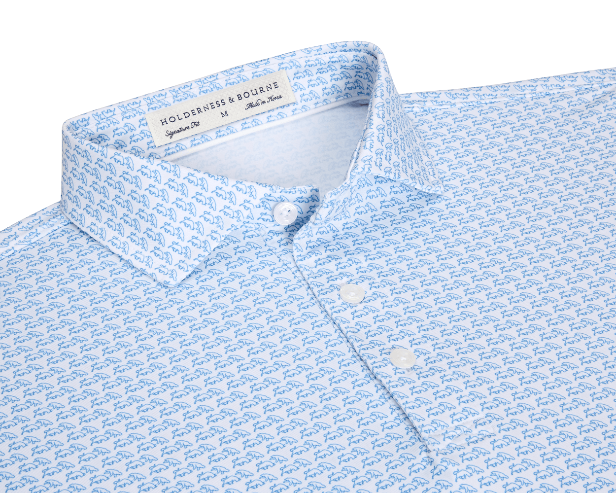 The Berkeley Shirt: Maidstone Blue, featuring a light-blue bull-and-bear pattern, spread collar, and signature fit, crafted from soft performance jersey with label visible.