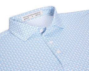 The Berkeley Shirt: Maidstone Blue, featuring a light-blue bull-and-bear pattern, spread collar, and signature fit, crafted from soft performance jersey with label visible.