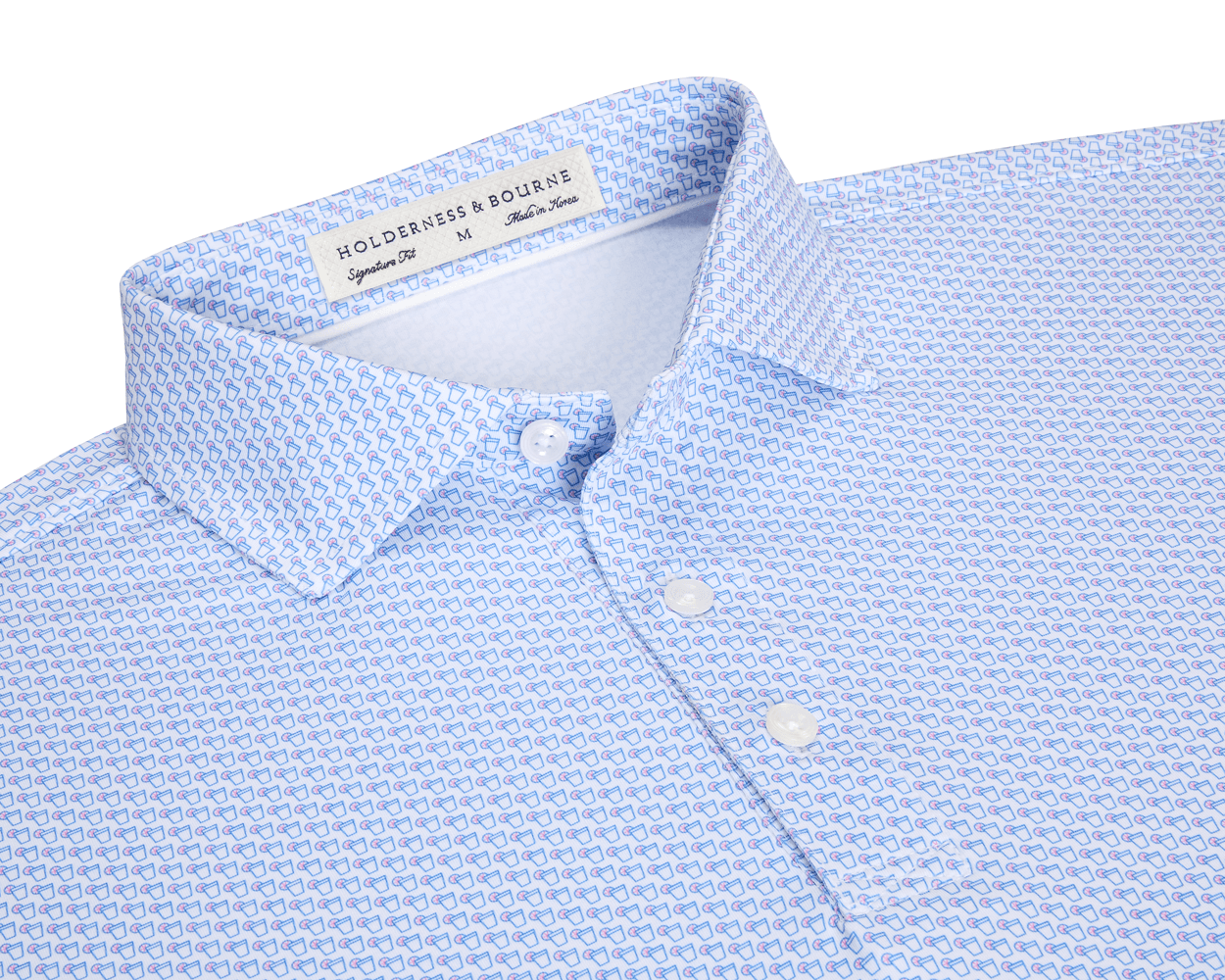 The Fulton Shirt: Belmont & Horizon Blue, featuring a light blue geometric print, semi-spread collar, and pearly buttons, perfect for warm-weather comfort.