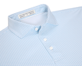 The Atwood Shirt: Harbor features a geometric motif, classic collar, three-button placket, and brand label, offering style and performance with moisture-wicking and sun protection.