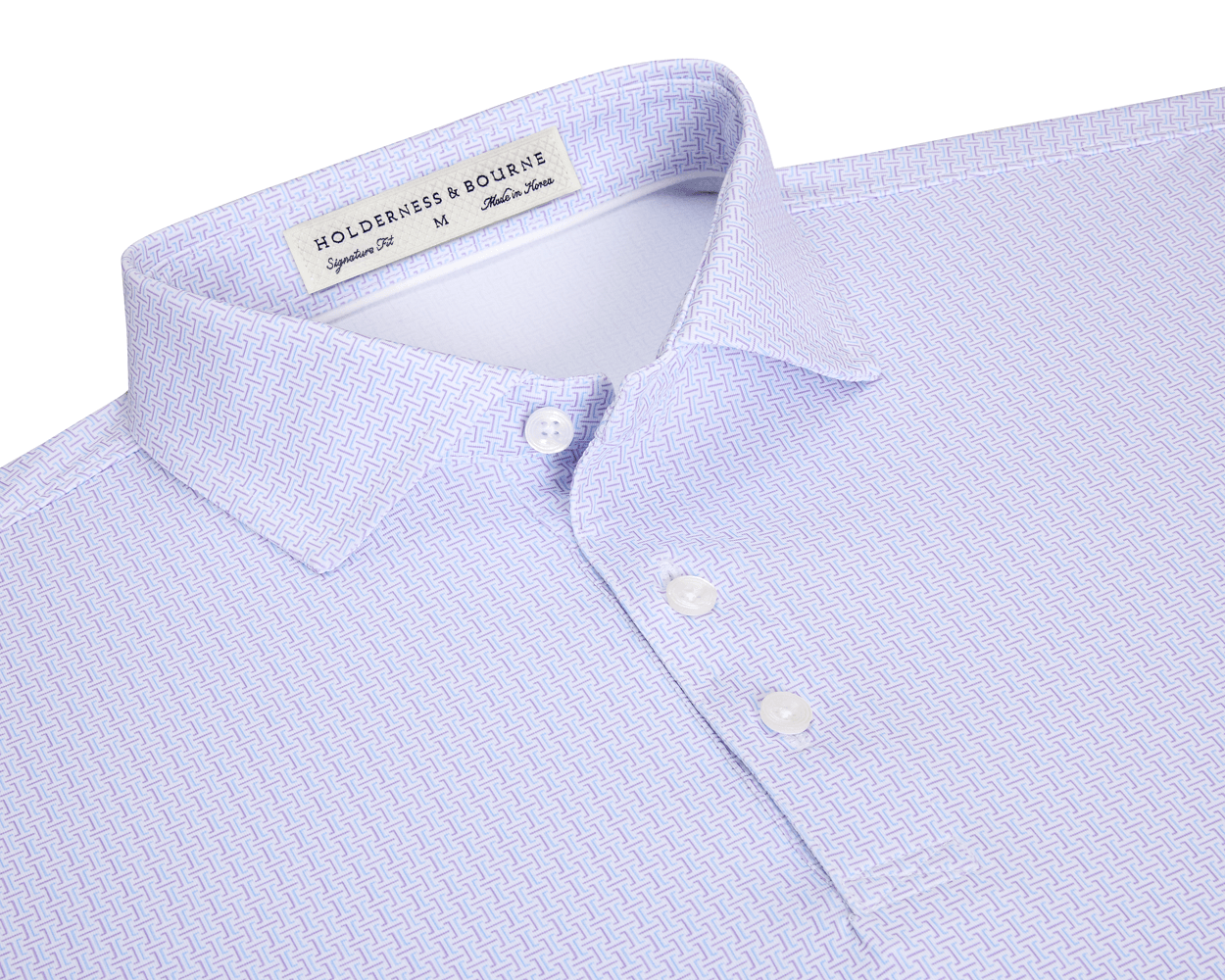 The Norwood Shirt: Vista Blue & Tudor features a folded, light lavender geometric pattern, spread collar, and white buttons, offering stylish versatility and comfort.