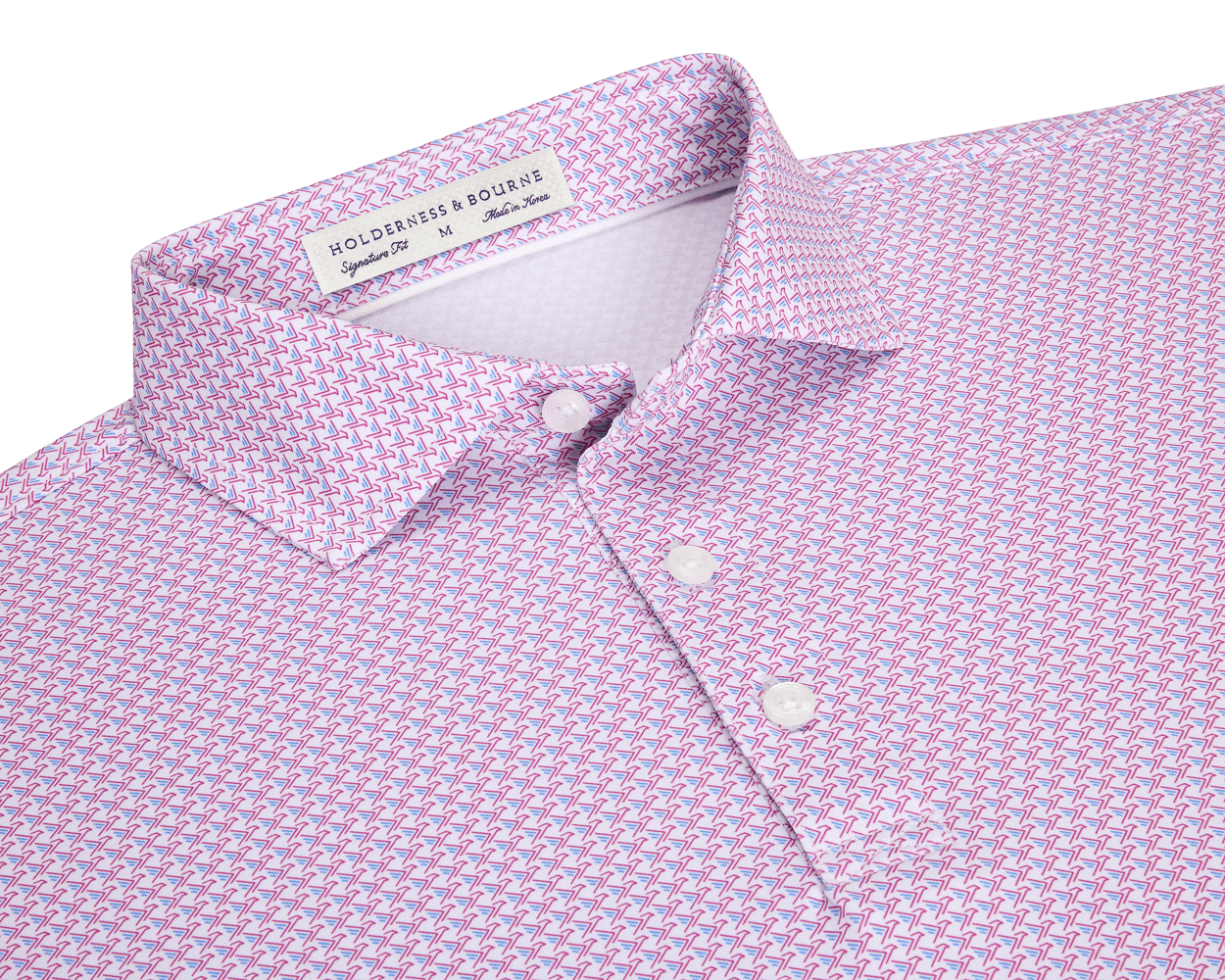 The Justice Shirt: Horizon Blue & Cabernet, featuring a light pink polo with a blue-and-white chevron pattern, three-button placket, and Holderness & Bourne label.