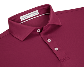 Close-up of The Macdonald Shirt: Cabernet, showcasing a structured spread collar, three-button placket, and contrast collar band piping, featuring the Holderness & Bourne woven label.