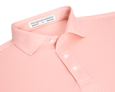 The Perkins Shirt: Nectarine & White features light coral with fine white stripes, classic polo collar, three-button placket, and Holderness & Bourne label.
