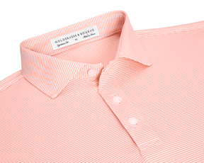 The Perkins Shirt: Nectarine & White features light coral with fine white stripes, classic polo collar, three-button placket, and Holderness & Bourne label.