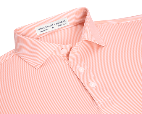 The Perkins Shirt: Nectarine & White features light coral with fine white stripes, classic polo collar, three-button placket, and Holderness & Bourne label.