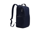 The Broughton Backpack: Navy Ballistic - Navy Embroidery, slim design with padded straps, front zippered pocket, and subtle logo, ideal for versatile use.