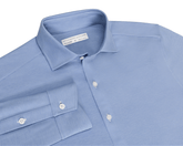 The Cullinane Shirt: Heathered Maidstone Blue, light-blue button-down, long-sleeve with point collar, white buttons, featuring breathable, stretchable cotton-blend performance pique by Holderness & Bourne.