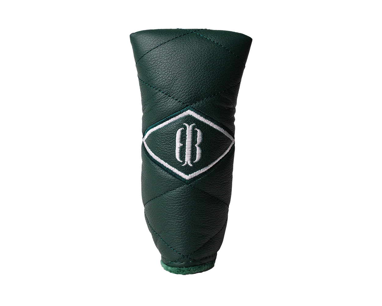 H&B x Tremont Putter Cover: Pine, featuring quilted dark green leather with a white C B emblem, offering durability and elegance for your golf equipment.