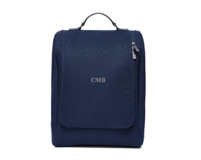 The Rutledge Shoe Bag: Navy Ballistic with top handle, front monogrammed flap, vertical zip, designed for organizing travel essentials.