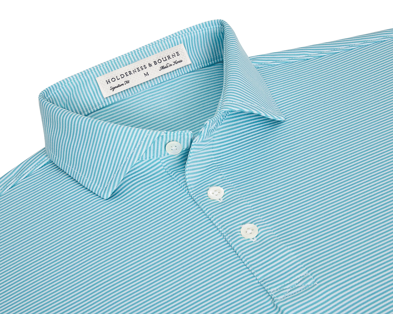 The Perkins Shirt: Harbor & White, an aqua-green polo with thin white stripes, features a point collar, three-button placket, and Holderness & Bourne label.