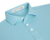 The Perkins Shirt: Harbor & White, an aqua-green polo with thin white stripes, features a point collar, three-button placket, and Holderness & Bourne label.